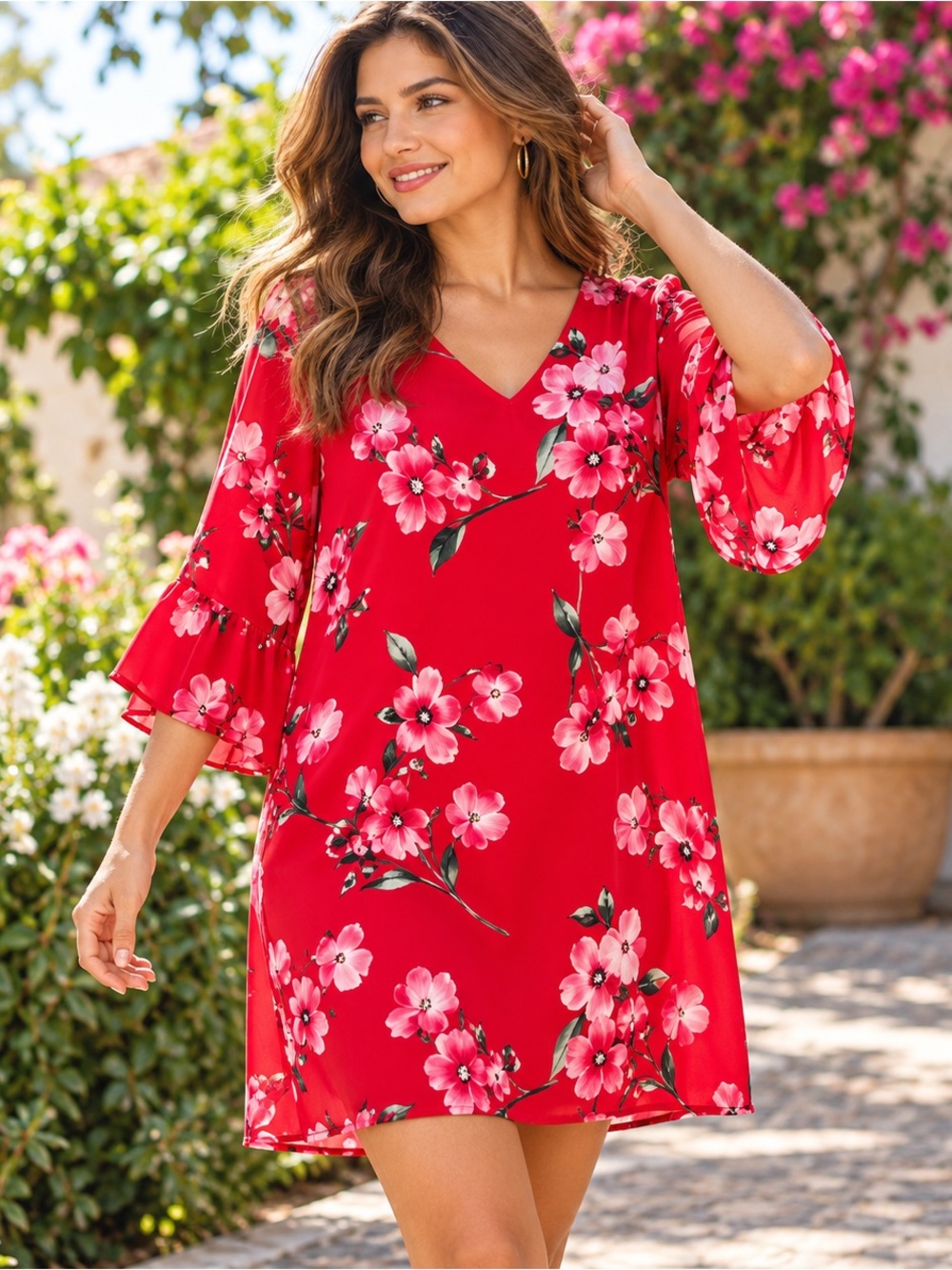 Nine.Eight New York Women’s Large Red Floral Bell Sleeve Shift Dress